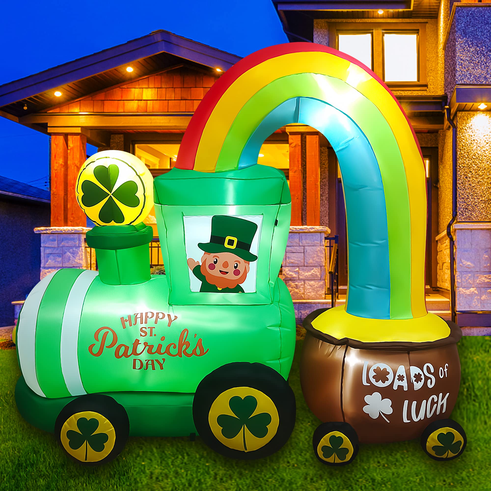 SEASONBLOW 6Ft LED Inflatable St. Patrick's Day Train with Shamrock Rainbow Pot Decoration Lighted Blow up for Home Yard Lawn Garden Indoor Outdoor