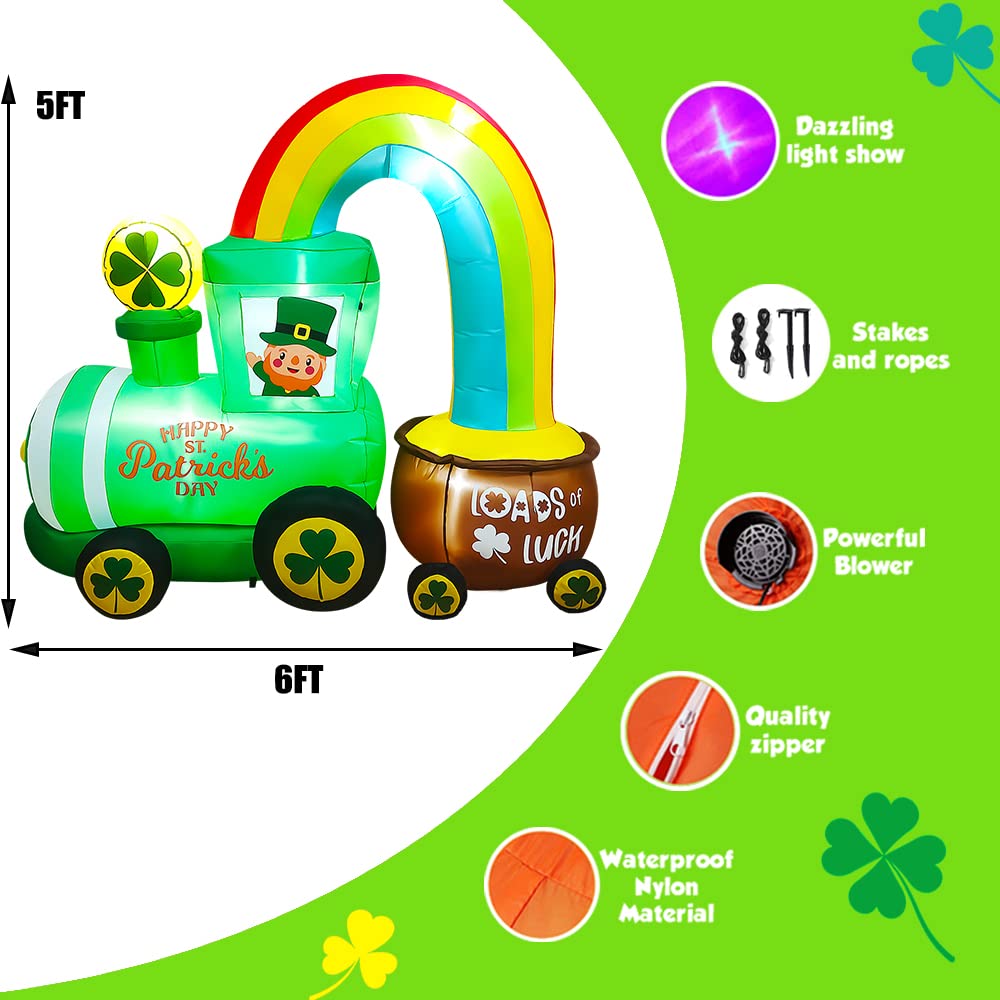 SEASONBLOW 6Ft LED Inflatable St. Patrick's Day Train with Shamrock Rainbow Pot Decoration Lighted Blow up for Home Yard Lawn Garden Indoor Outdoor