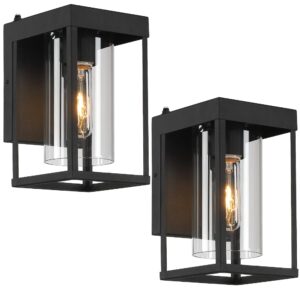lampression 2-pack black outdoor wall light fixtures, dusk to dawn exterior wall lantern sconce, 9" h outdoor porch light wall mount with clear glass shade
