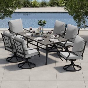 grand patio 7-piece outdoor dining set for 6, patio dining furniture set for 6 patio swivel dining chairs with olefin cushions 1 rectangular dining faux woodgrain table with umbrella hole, grey