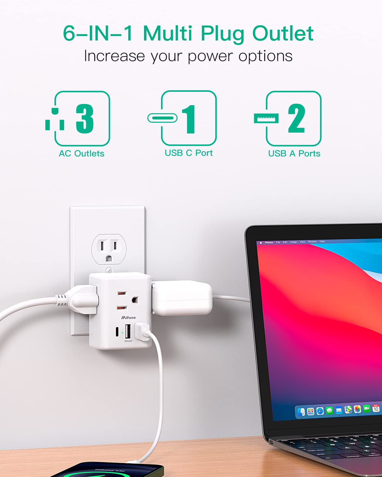 Outlet Extender Multi Plug Outlet - USB Wall Charger with 3 USB Ports (1 USB C), No Surge Protector Cruise Essentials for Ship and Travel, ETL Listed