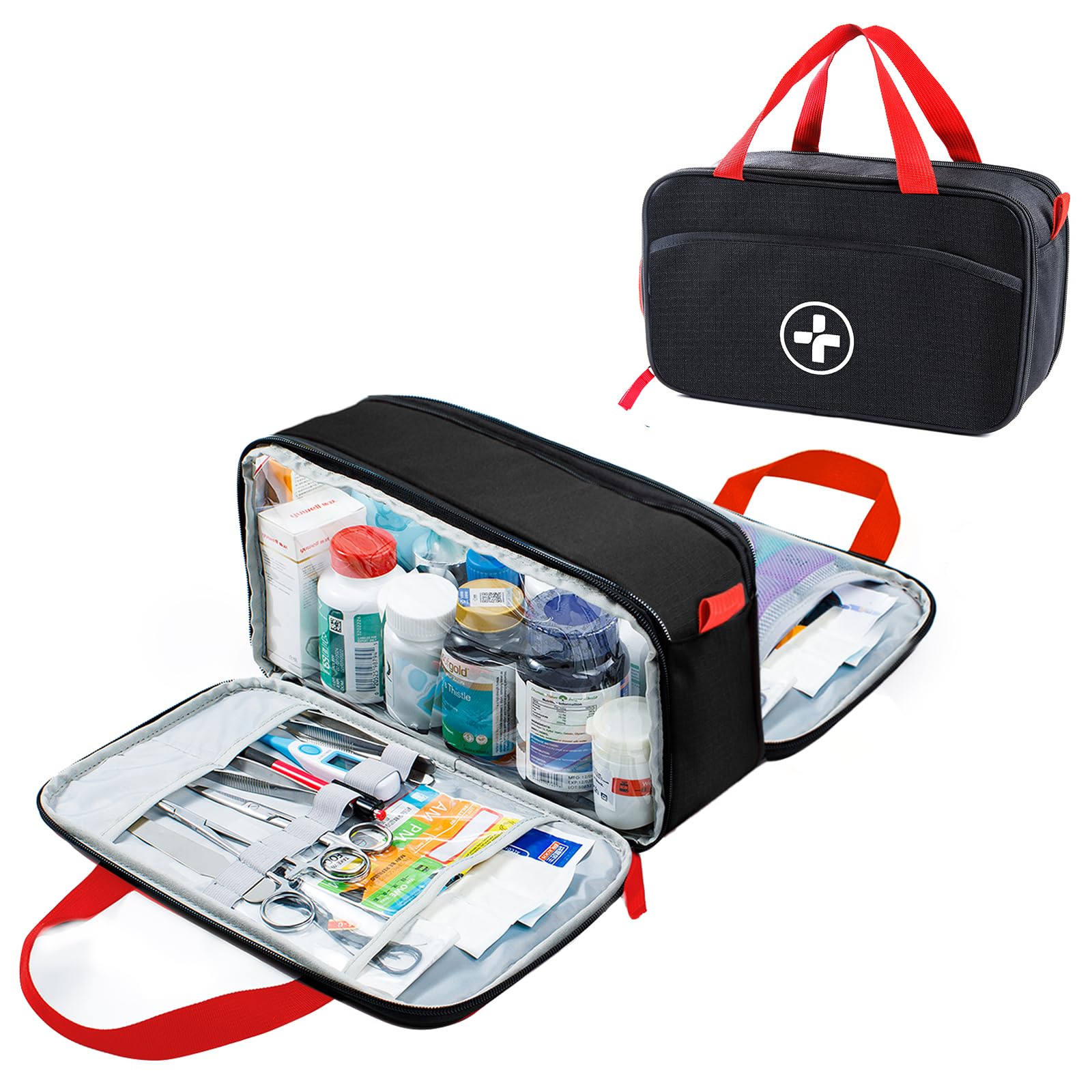 BAGSFY Full Open Medicine Bag Empty, Family First Aid Bag, Small Medicine Storage Bag,Pill Bottle Organizer for Emergency Medical Supplies, First Aid Box,First Aid Kit Bag, Black (Bag Only)