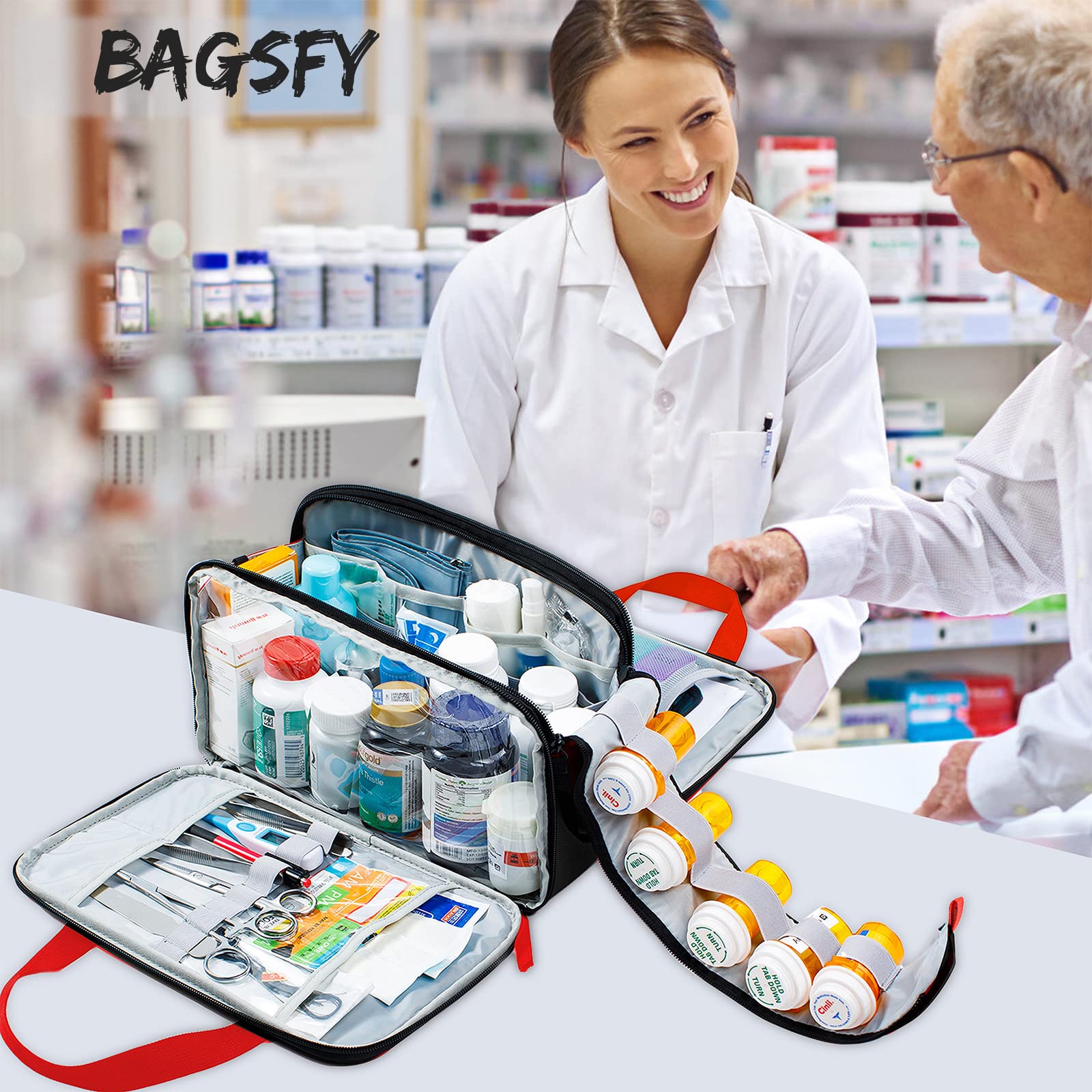 BAGSFY Full Open Medicine Bag Empty, Family First Aid Bag, Small Medicine Storage Bag,Pill Bottle Organizer for Emergency Medical Supplies, First Aid Box,First Aid Kit Bag, Black (Bag Only)