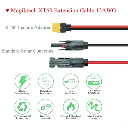 Magiktech Solar to XT60 Charge Extension Cable 12AWG Solar Connector to XT60 Adapter Cable for XT60 Input Port Portable Power Station & Solar Generator (12AWG 12FT)