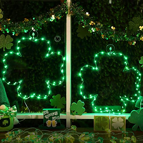 2 Pack St Patrick's Day Four-leaf Clover Window Lights,8 Modes LED Silhouette Lights USB Powered with Hooks, Lighted St Patrick's Day Decorations for Window Wall Indoor Outdoor Party,11inch