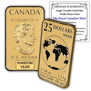 2016 - present (random year) 1/10 oz gold bar coin by the royal canadian mint brilliant uncirculated with certificate of authenticity 24k $25 bu