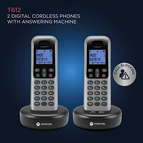 Motorola Voice Cordless Phone System w/ 2 Digital Handsets + Answering Machine, Remote Access, Call Block - Dark Grey (T612)