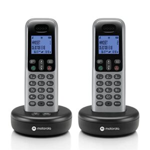 motorola voice cordless phone system w/ 2 digital handsets + answering machine, remote access, call block - dark grey (t612)