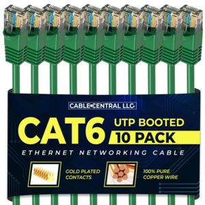 cable central llc cat 6 ethernet cable 100 feet (10 pack) high speed internet patch cord cat 6 with rj45 connector - green utp booted 100 ft computer network cable, internet cable, cat 6 cable