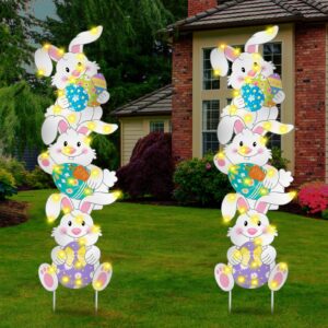 2 sets tumbling bunnies yard stakes 43.3 inch outdoor easter decorations corrugated plastic funny easter yard signs with 2 warm led string lights 6 stakes for easter outdoor lawn garden decorations