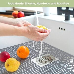 DETEIN Silicone Sink Protector for Kitchen Sink 26"x14" Cuttable Drain Hole Kitchen Sink Protector Mat Non-Slip Heat-Resistant Farmhouse Sink Protector Sink Mat Grid for Ceramic Sink, Porcelain Sink