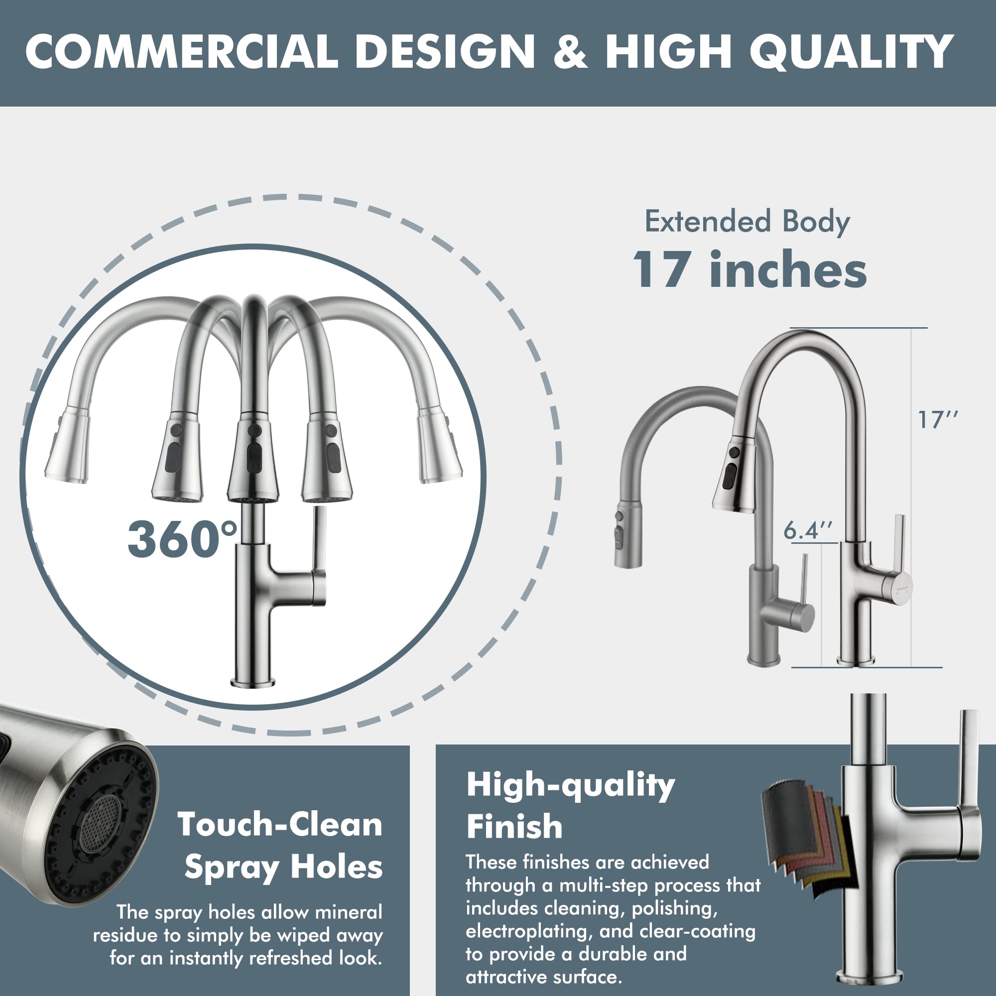 Lavatrum Brushed Nickel Kitchen Faucet with 3-Function Sprayer Pull Down Sprayer Extended Body Single Handle High Arc Kitchen Sink Faucet 17 Inch