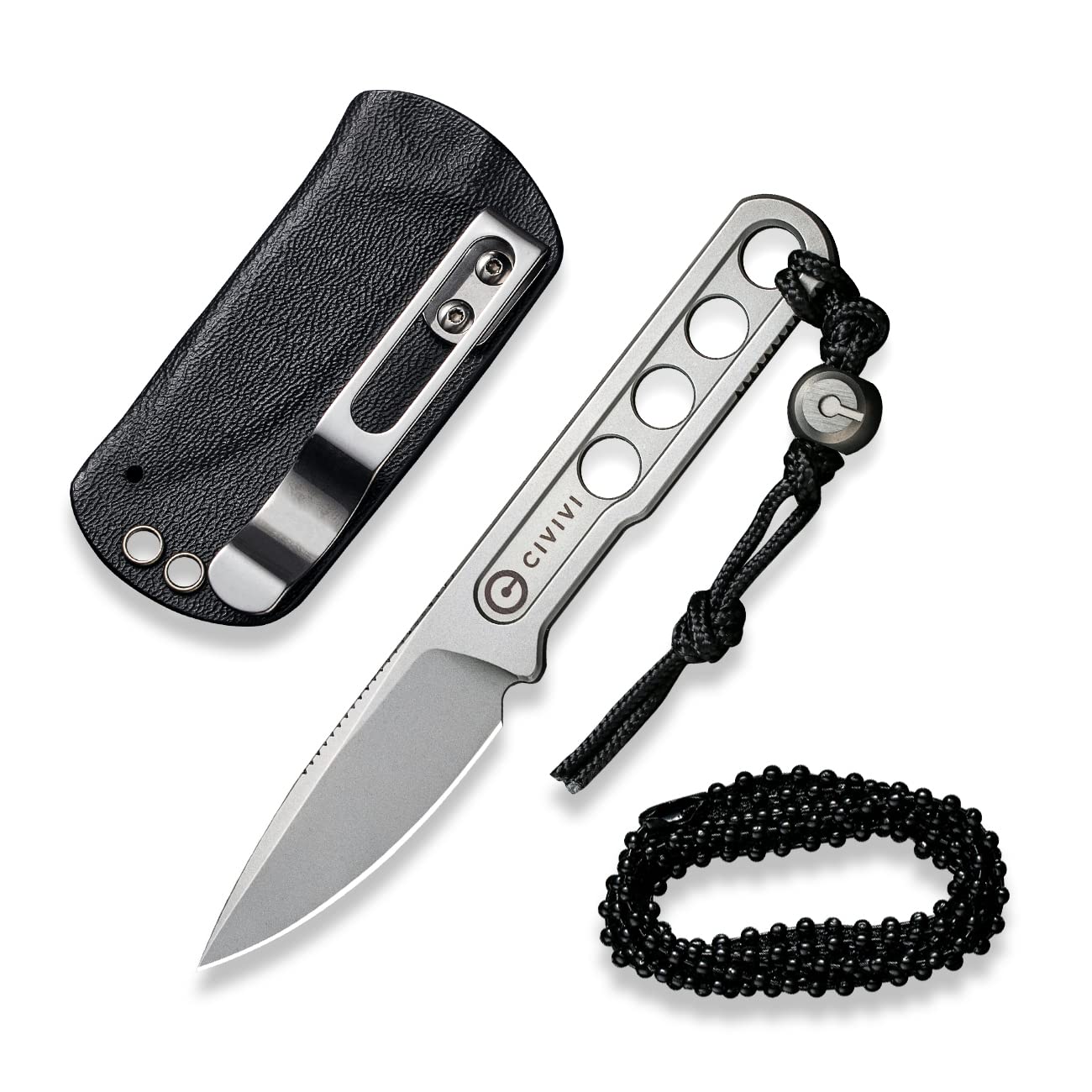 CIVIVI Circulus Fixed blade knife, 1.96" Cutting Edge Stonewashed 10Cr15CoMoV Steel with A Black Kydex Sheath, A Nylon Lanyard with Titanium Bead C22012-2