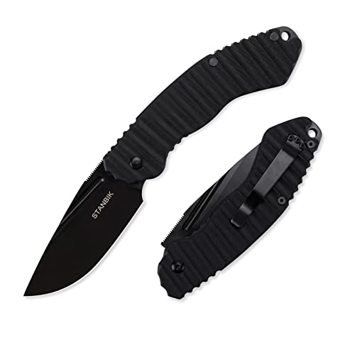 STANBIK Black Pocket Knife with G10 Handle,Ceramic Ball Bearing,EDC Folding Pocket Knife with 3.1in D2 Blade for Camping Survival, Fathers Day, Gifts for Men Dad Husband.