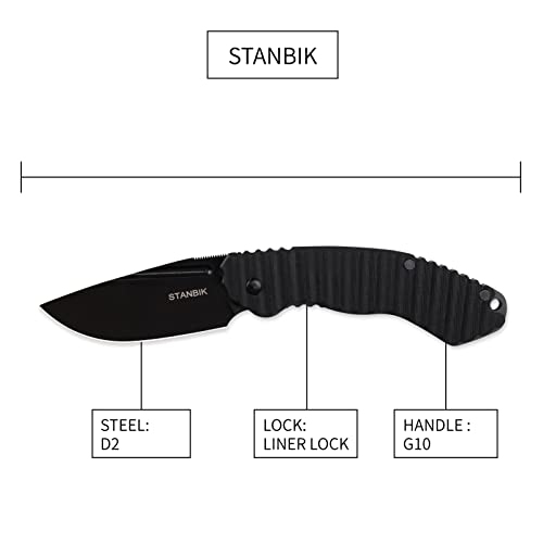 STANBIK Black Pocket Knife with G10 Handle,Ceramic Ball Bearing,EDC Folding Pocket Knife with 3.1in D2 Blade for Camping Survival, Fathers Day, Gifts for Men Dad Husband.