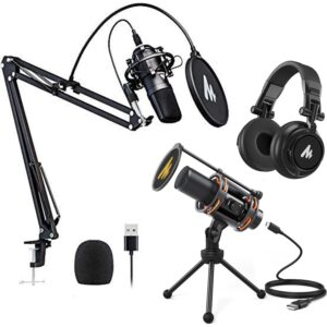 maono podcast equipment bundle, au-pm471ts and au-a04 pc computer mic kit with au-mh601 over-ear headphones for recording, podcasting, streaming, youtube, twitch, skype
