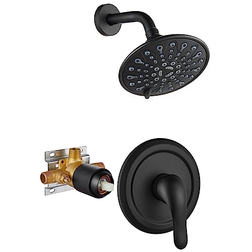 KEWEAI Bathroom Rainfall 8 Inch Shower System Angle Adjustable Circular Rain Shower Head Wall Mount with Curved Extension Arm with Pressure Balance Valve Single Function Matte Black