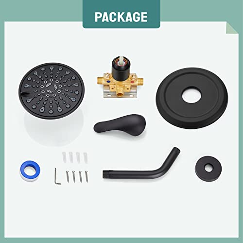 KEWEAI Bathroom Rainfall 8 Inch Shower System Angle Adjustable Circular Rain Shower Head Wall Mount with Curved Extension Arm with Pressure Balance Valve Single Function Matte Black