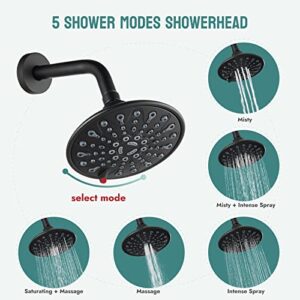 KEWEAI Bathroom Rainfall 8 Inch Shower System Angle Adjustable Circular Rain Shower Head Wall Mount with Curved Extension Arm with Pressure Balance Valve Single Function Matte Black