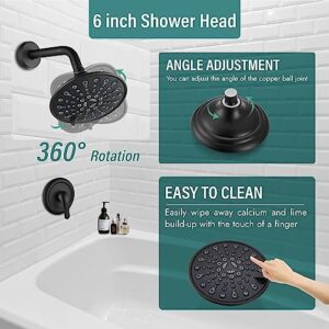 KEWEAI Bathroom Rainfall 8 Inch Shower System Angle Adjustable Circular Rain Shower Head Wall Mount with Curved Extension Arm with Pressure Balance Valve Single Function Matte Black