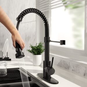IBOFYY Black Kitchen Faucets Single Handle Commercial Kitchen Sink Faucet with Multifunctional Pull-Down Spout for Farmhouse RV Bar with 3 Hole Deck (Matte Black)