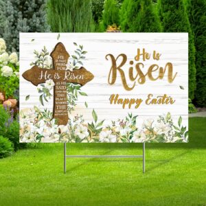 he is risen easter yard sign outdoor decorations happy easter yard stakes religious easter yard decoration easter cross sign eucalyptus lily spring yard sign for christian holiday garden lawn decor