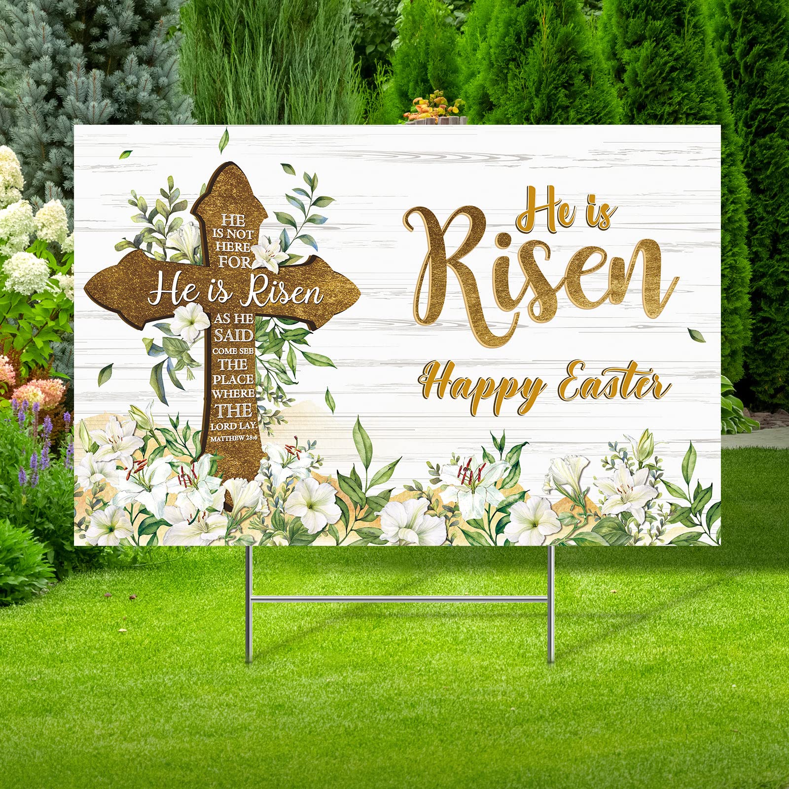 He Is Risen Easter Yard Sign Outdoor Decorations Happy Easter Yard Stakes Religious Easter Yard Decoration Easter Cross Sign Eucalyptus Lily Spring Yard Sign for Christian Holiday Garden Lawn Decor