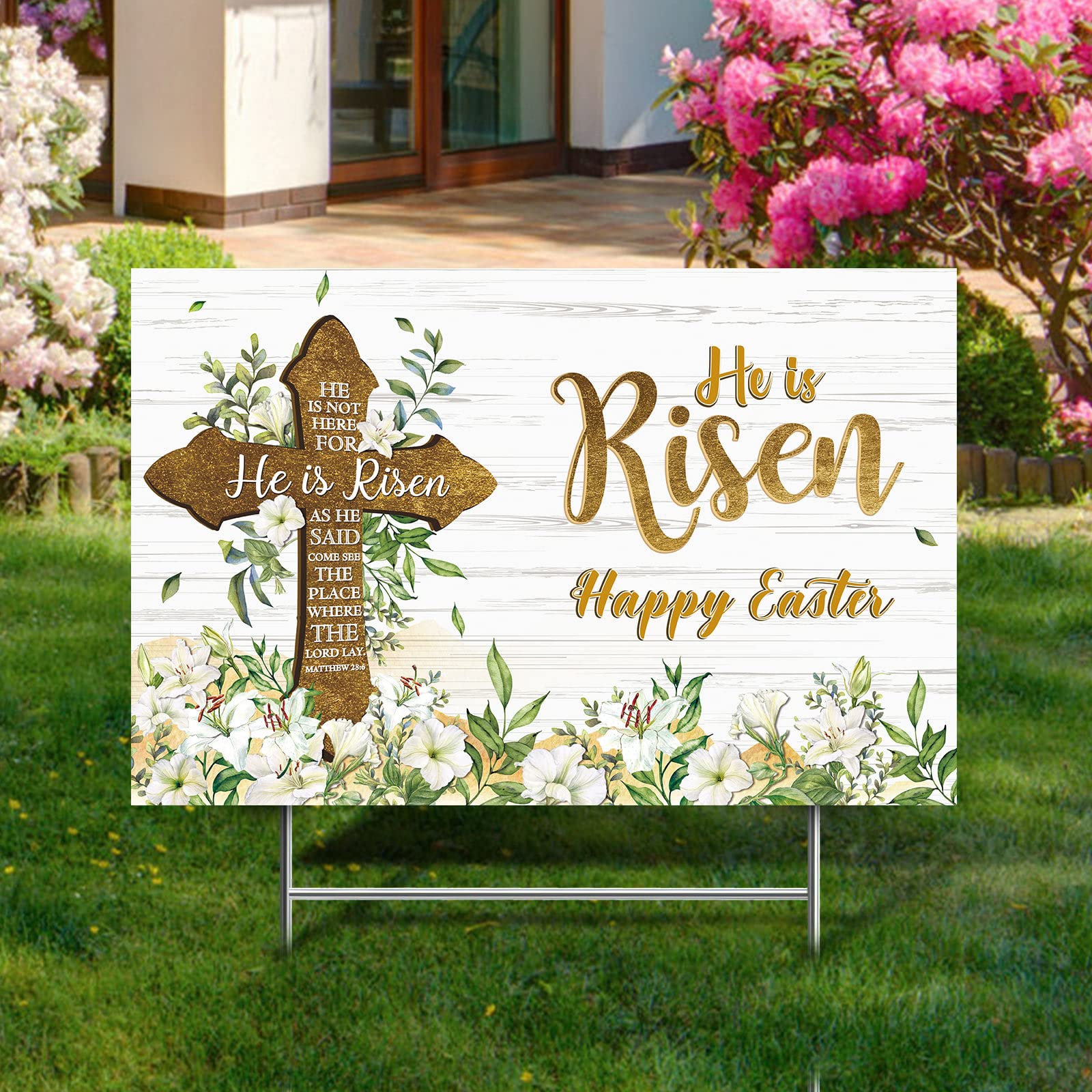 He Is Risen Easter Yard Sign Outdoor Decorations Happy Easter Yard Stakes Religious Easter Yard Decoration Easter Cross Sign Eucalyptus Lily Spring Yard Sign for Christian Holiday Garden Lawn Decor