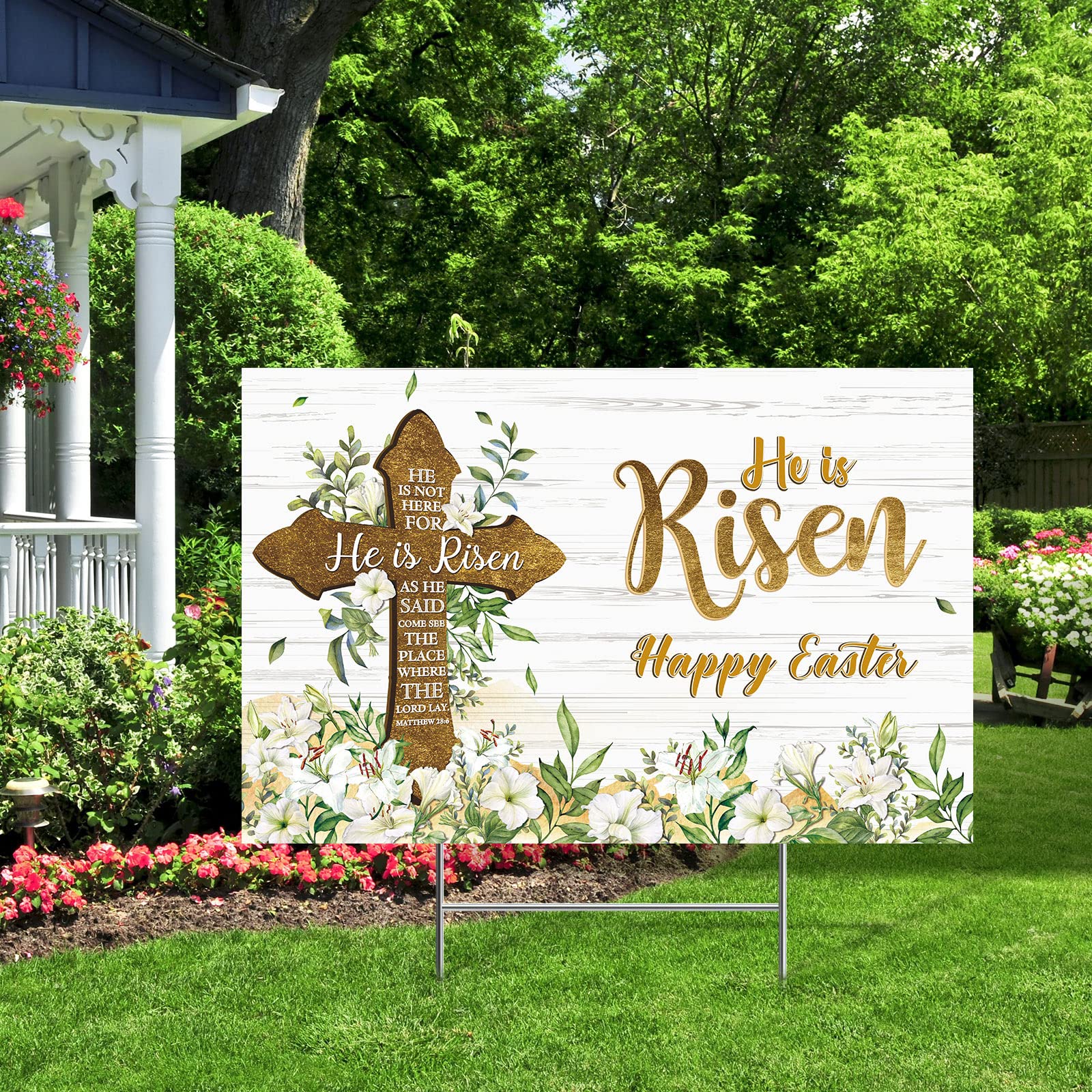 He Is Risen Easter Yard Sign Outdoor Decorations Happy Easter Yard Stakes Religious Easter Yard Decoration Easter Cross Sign Eucalyptus Lily Spring Yard Sign for Christian Holiday Garden Lawn Decor