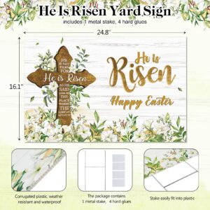 He Is Risen Easter Yard Sign Outdoor Decorations Happy Easter Yard Stakes Religious Easter Yard Decoration Easter Cross Sign Eucalyptus Lily Spring Yard Sign for Christian Holiday Garden Lawn Decor