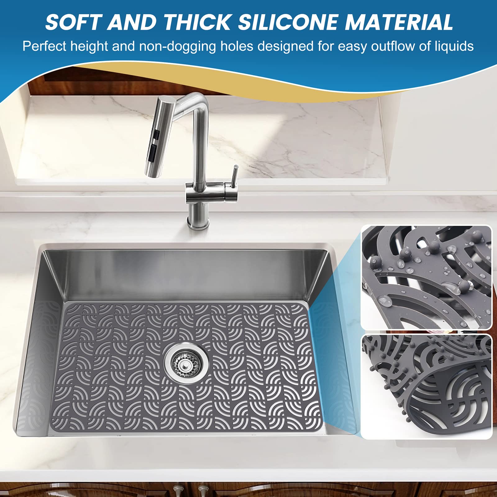 Premium Silicone Sink Protector for Kitchen Sink, 26''x 14''Kitchen Sink Mat Grid with Center Drain, Upgrade Heat Resistant & Non-Slip, Perfect for Bottom of Farmhouse Stainless Steel Porcelain Sink