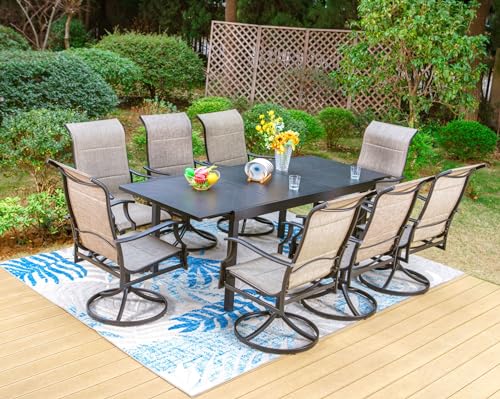 PHI VILLA Outdoor Dining Set for 8, Patio Table and Chairs Set with 8 Padded Swivel Dining Chairs & Full Metal Extendable Table for Poolside Lawn Garden