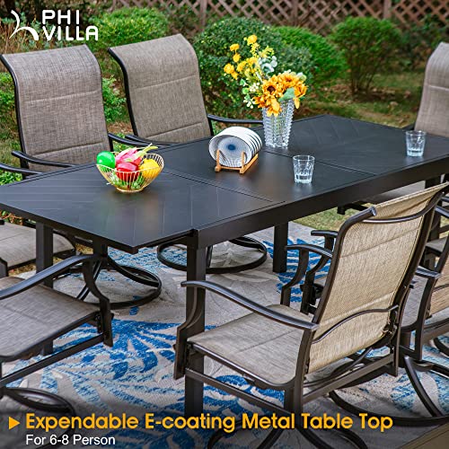 PHI VILLA Outdoor Dining Set for 8, Patio Table and Chairs Set with 8 Padded Swivel Dining Chairs & Full Metal Extendable Table for Poolside Lawn Garden