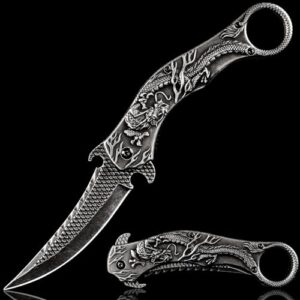 vividstill pocket knife for men, cool folding knife with 3d dragon relief, great gift edc knife for men outdoor survival camping hiking (black)