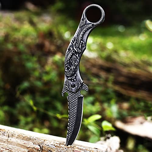 Vividstill Pocket Knife for Men, Cool Folding Knife With 3D Dragon Relief, Great Gift Edc Knife For Men Outdoor Survival Camping Hiking (Black)