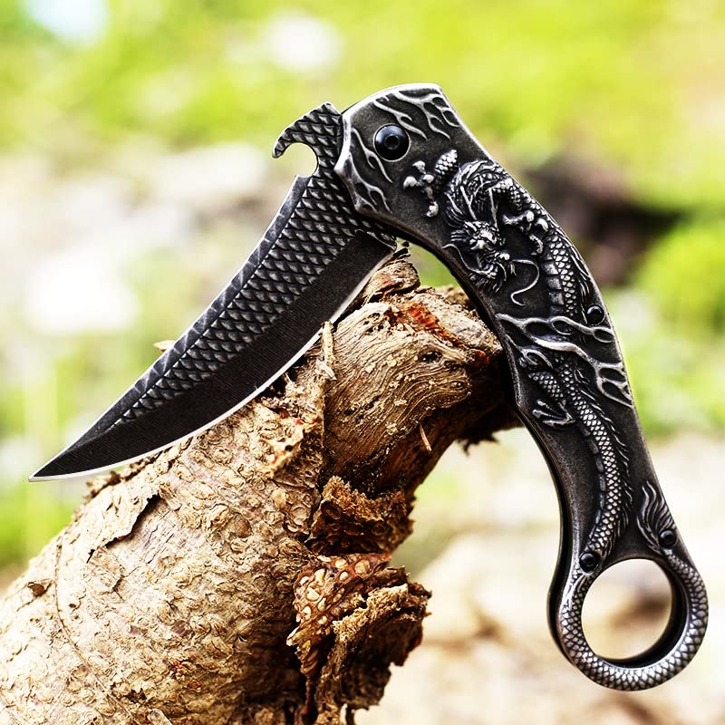 Vividstill Pocket Knife for Men, Cool Folding Knife With 3D Dragon Relief, Great Gift Edc Knife For Men Outdoor Survival Camping Hiking (Black)