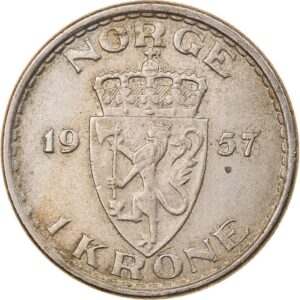 1953-1957 1 norwegian krone minted under haakon vii of norway. 1 krone graded by seller circulated condition