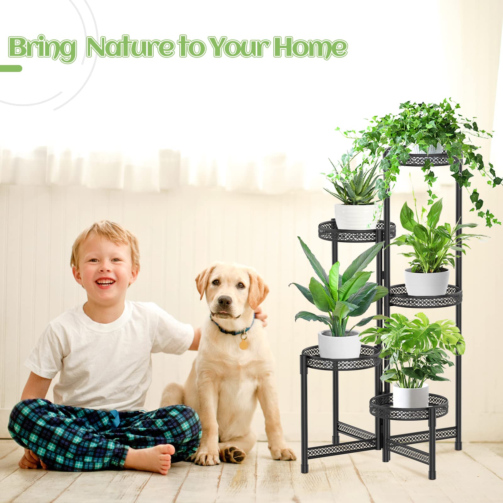 iDavosic.ly 5 Tier Metal Plant Stand for Indoor Outdoor, Foldable Corner Tall Plant Shelf Display Stand for Multiple Plants, Wrought Iron Flower Pot Holder for Living Room Balcony Garden Patio