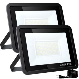 lkxdov led flood lights outdoor, 100w 10000lm outside work light with plug ip66 waterproof, 6000k portable exteriores security floodlights for yard, garden, stadium, playground (2 pack)