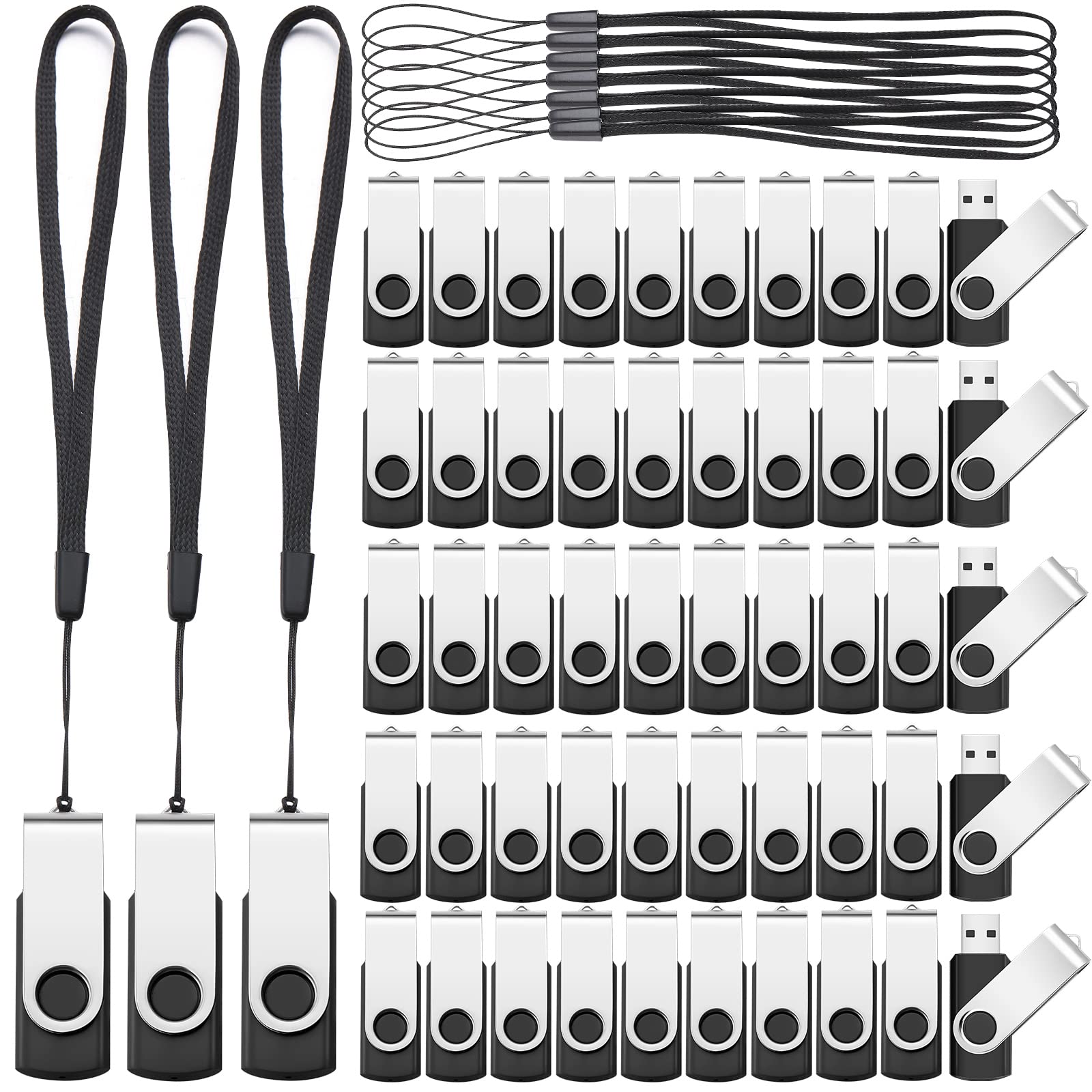 Aoriher 50 Pack USB 2.0 Flash Drives Bulk, Portable USB Thumb Drives with Lanyards, Swivel Flash Drives Thumb Drives for Office School Data Storage (Black, Silver, 2GB)