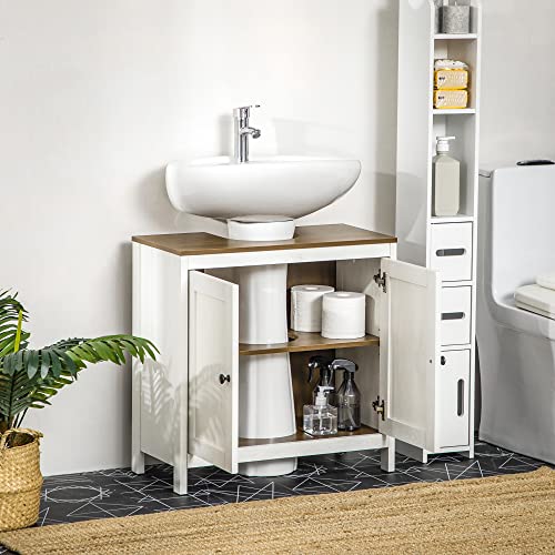 kleankin Modern Bathroom Sink Cabinet, Floor Standing Under Sink Cabinet, Freestanding Storage Cupboard with Adjustable Shelf, Double Doors, Antique White