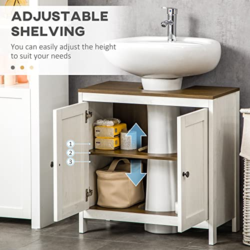 kleankin Modern Bathroom Sink Cabinet, Floor Standing Under Sink Cabinet, Freestanding Storage Cupboard with Adjustable Shelf, Double Doors, Antique White