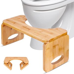 Beinilai Toilet Stool, Foldable Toilet Stool Squat Adult for Bathroom, Bamboo Poop Stool for Adult, 8 Inches Squatting Bathroom Potty Stool with 2 Packs Anti-Slip Strip（Natural Color）