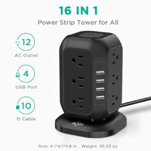 Power Strip Tower with USB Ports-AiJoy Surge Protector with 12 AC Outlet and 4 USB Ports, 10 FT Extension Cord, USB Charging Station with Overload Protection, Living Room, Office, College Dorm