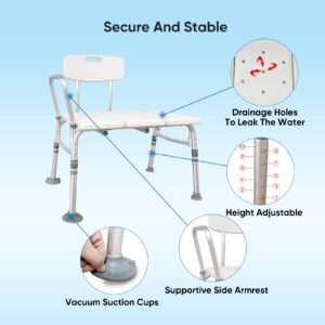 Nurhome Heavy Duty Bathtub Transfer Bench with Back and Side Arm Shower Chair with Height Adjustable Bath Shower Bench Chair Fits Any Bathroom for Elderly Disabled Non-Slip Feet 330 lbs