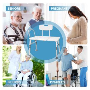 Nurhome Heavy Duty Bathtub Transfer Bench with Back and Side Arm Shower Chair with Height Adjustable Bath Shower Bench Chair Fits Any Bathroom for Elderly Disabled Non-Slip Feet 330 lbs