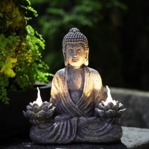 buddha statue zen sculpture 11.4in large size,yoga garden decor with led solar lotus lights, sitting meditating buddha serene resin figurine for patio yard lawn ornaments, backyard,inside or outside…