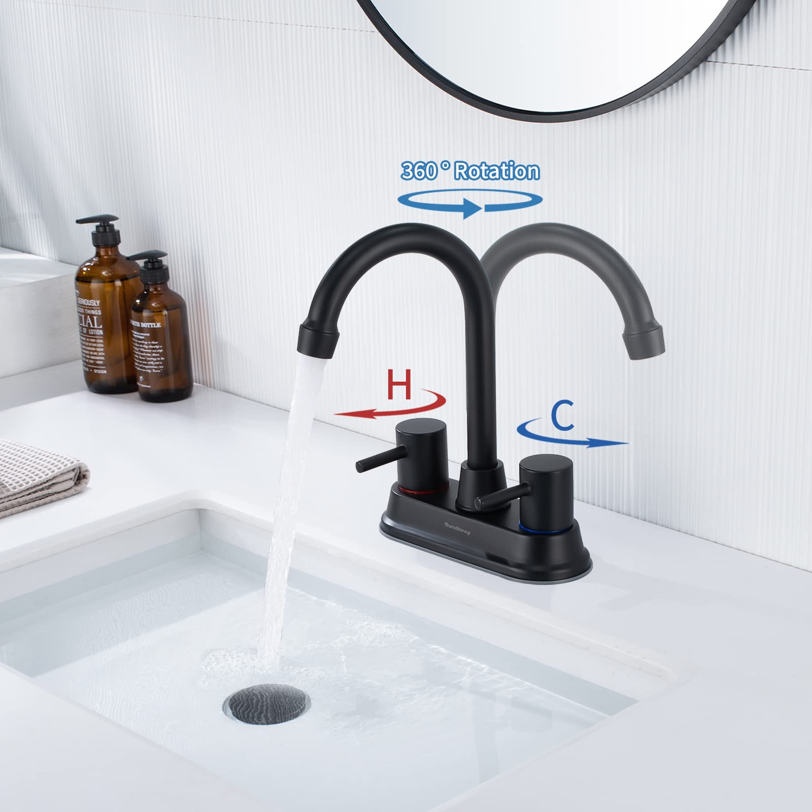 4 Inch Centerset Black Bathroom Faucet, 2 Handle Lead-Free Faucet for Bathroom Sink 2~3 Hole,360 Swivel Spout RV Bathroom Vanity Sink Faucet with Pop Up Drain,Matte Black