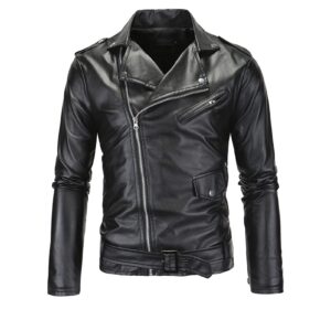 maiyifu-gj men faux leather motorcycle jacket retro notched lapel pu biker coat asymmetric zipper slim outwear overcoat (black,3x-large)