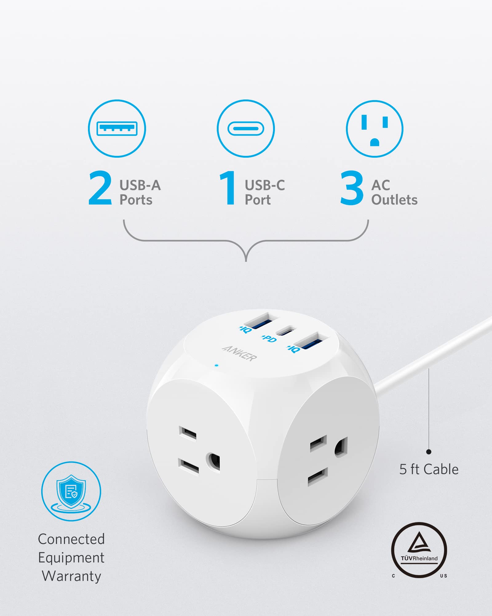 Anker Power Strip with USB C, PowerCube with 3 Outlets & 30W USB C and Anker USB C Power Strip Surge Protector(300J),6 Outlets and 20W Power Delivery